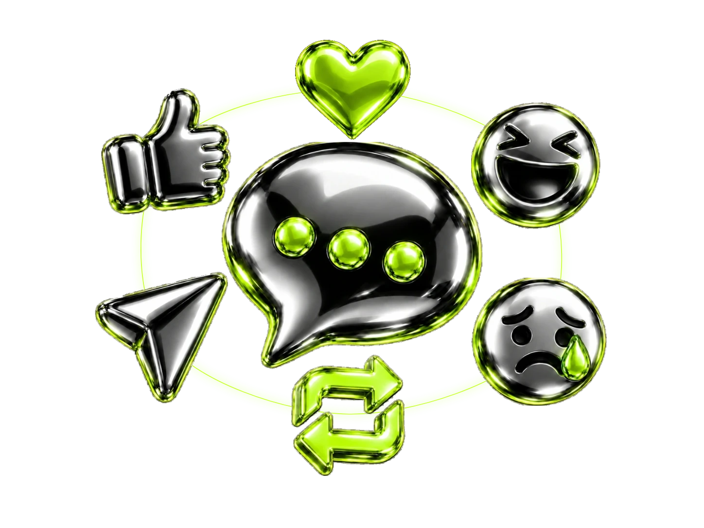A chrome comment bubble surrounded by Like, Love, Haha, Sad, Repost and Share on a lime orbit.
